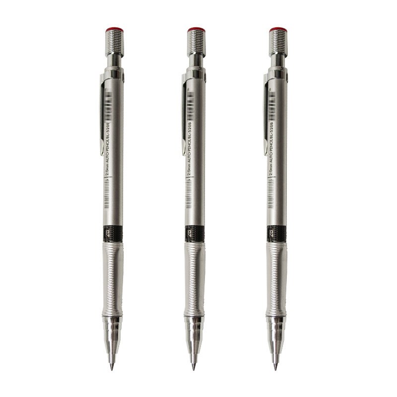 Automatic Mechanical Pencil 2.0mm Thick Writing Point Pencil Drawing Painting Black Refills School Office Stationery: 3 Pens Silver