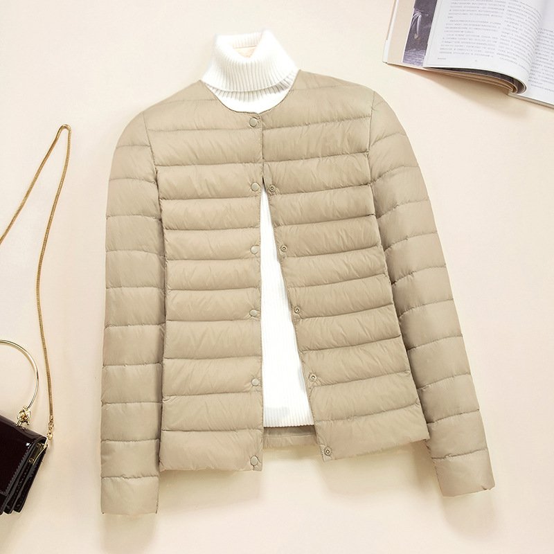 Koreansk slim fit o-hals v-hals dame kort quiltet pufferfrakke arrivlas dame ultralette pakbare forjakker: Xxxl / Khaki