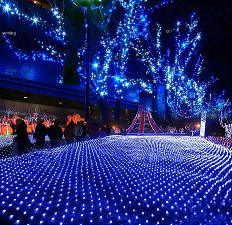 1.5MX1.5M 2x3M 4x6M guirlandes de noël LED chaîne filet de noël lumières fée fête de noël jardin décoration de mariage rideaux lumières: Bleu / 6-10W