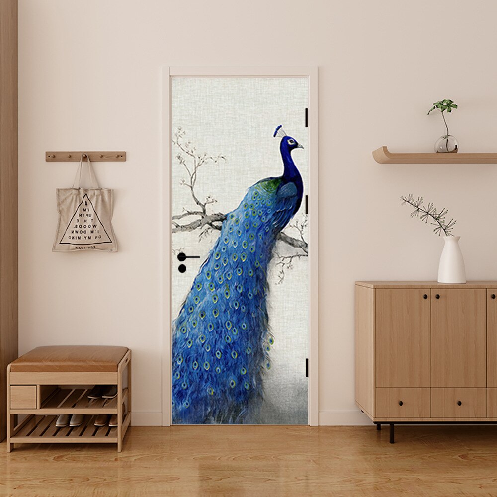 Blue Peacock Dream 3D Door Sticker Peacock Sticker Bedroom Study Bathroom Door Concealer Decoration Wall Sticker