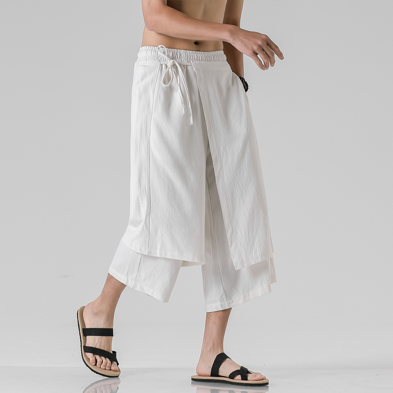 Heren Casual Withe Wijde Pijpen Broek Heren Onregelmatige Katoenen Linnen Harembroek Man Effen Vintage Rokken Broek M-5XL