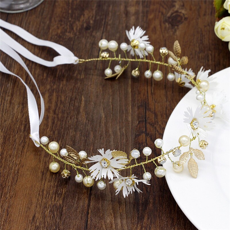 Diadema de novia para boda, accesorios para el cabello, Tiara de boda Floral con diamantes de imitación, perlas, adornos para el cabello, tocados para cabello de mujer: Blanco