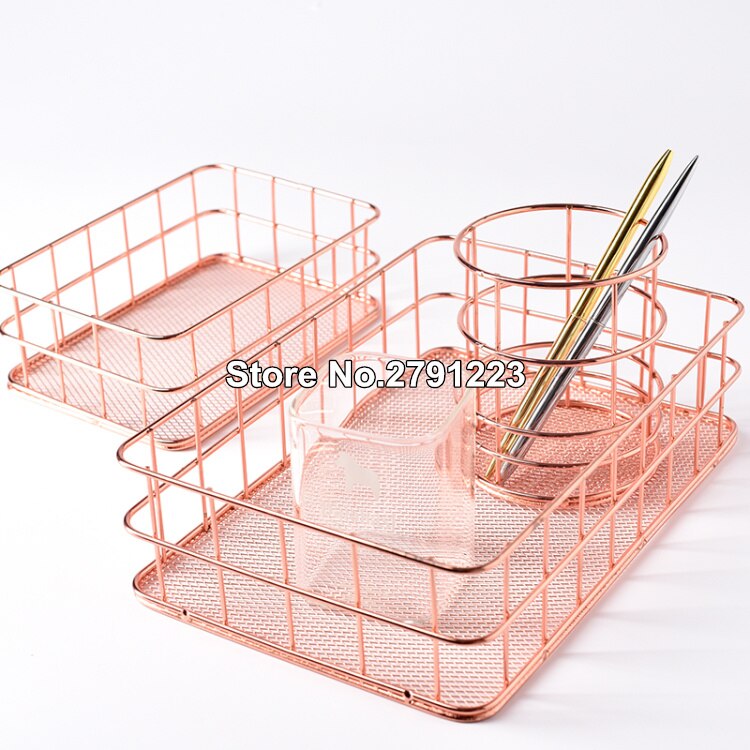 1pcs Rose Gold Metal Pen Holder Box Case desk organizer Home Desk Stationery Decor Office School Desk Accessories Supplies