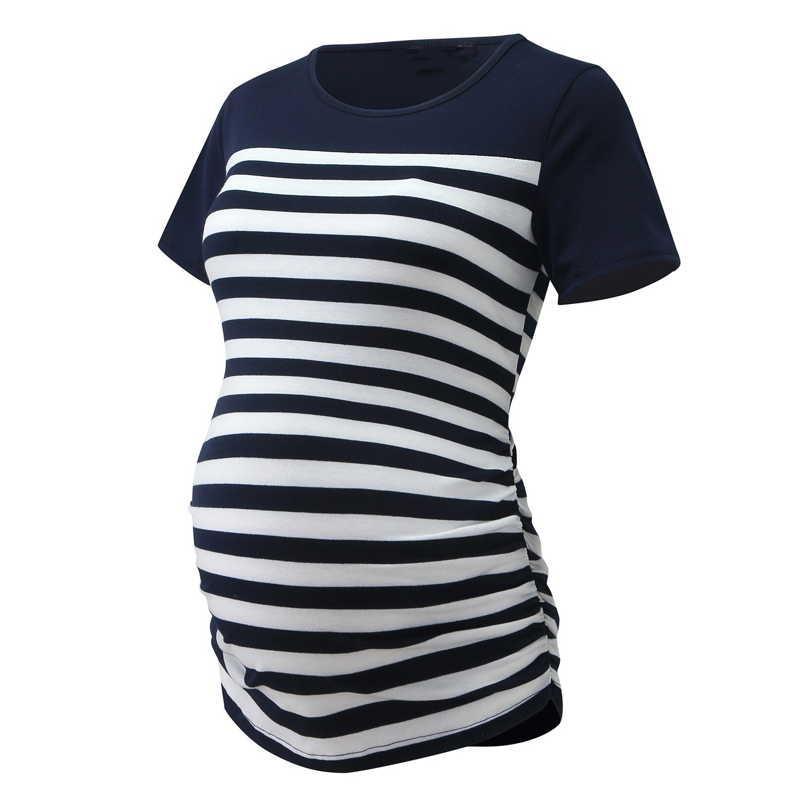 Ciążowa dla kobiet na co dzień z krótkim rękawem w paski z nadrukiem T Shirt topy w ciąży bluzka tunika lato w stylu Casual, w paski koszulka ciążowa: Navy / S