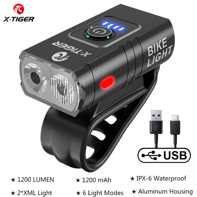 Juego de luces delanteras para bicicleta de X-TIGER, lámpara LED resistente al agua, recargable vía USB, 5200mAh: QD-0201