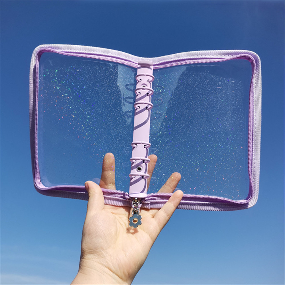 A5 A6 Loose-Leaf Notebook Cover Glitter Zipper PVC Notebook Korean Stationery Diary 6 Hole Binder Clip Notepad Office Planner
