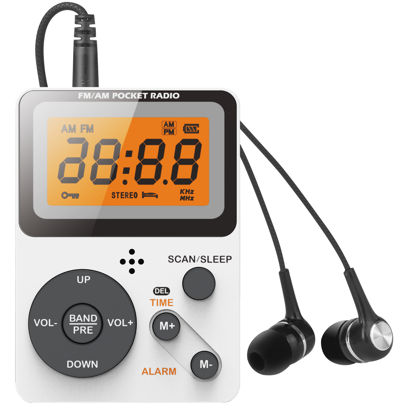 Digital Radio, FM/AM, 2 Band Stereo Music Receiver, Portable Pocket Radio with Headphones, LCD Screen, 2xAAA Dry Battery Powered: WHITE