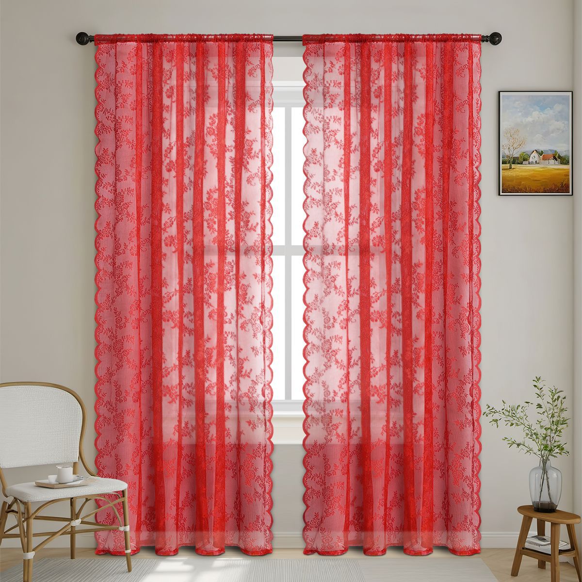 1pc Rose Pattern Single Panel Sheer Curtain, Embroidered Solid Lace Curtains for Home Decor, Window Screen Curtains: 7*2.6 / Red