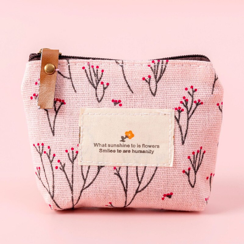 Coin Purse Canvas Wallet Key Card USB Cable Bag Mini Cute Floral Printing Simplicity Coin Holder Girls Women Durable Coin Wallet: Pink