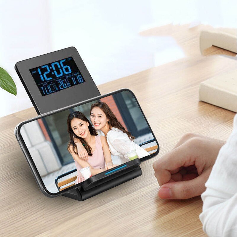 Hurtig trådløs oplader, der oplader mobiltelefonholder med ledet digitalt ur alarmur skrivebord ur tid temperatur dato display