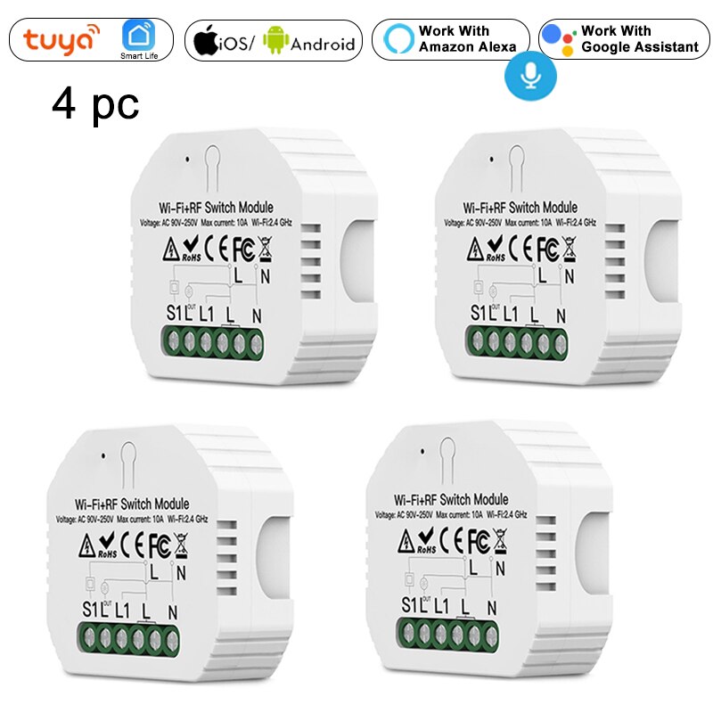Mini DIY WiFi RF433 Smart Light Switch Module Relay Tuya Smart Life Voice Control 1/2 Way Wall Switch Breaker Alexa Google Home: 4pcs