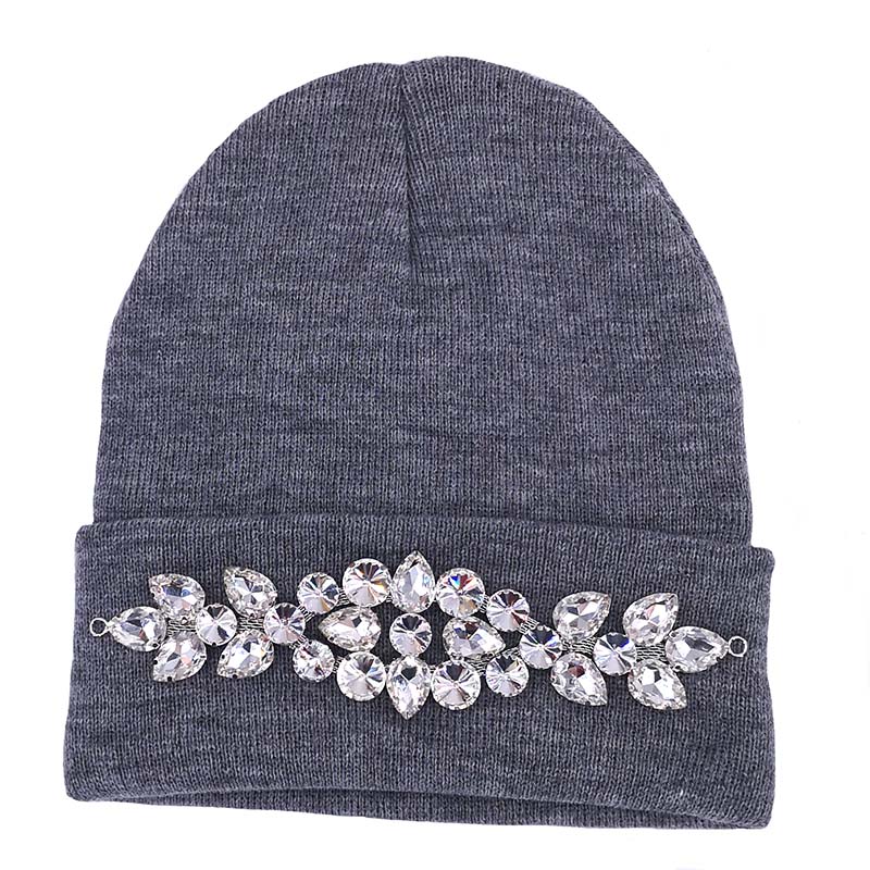 Vinter kvinder bomuld rhinestone beanies hatte damer elastiske strikkede beanies skullies hatte til femme varmt efterår motorhjelm ski caps: Grå