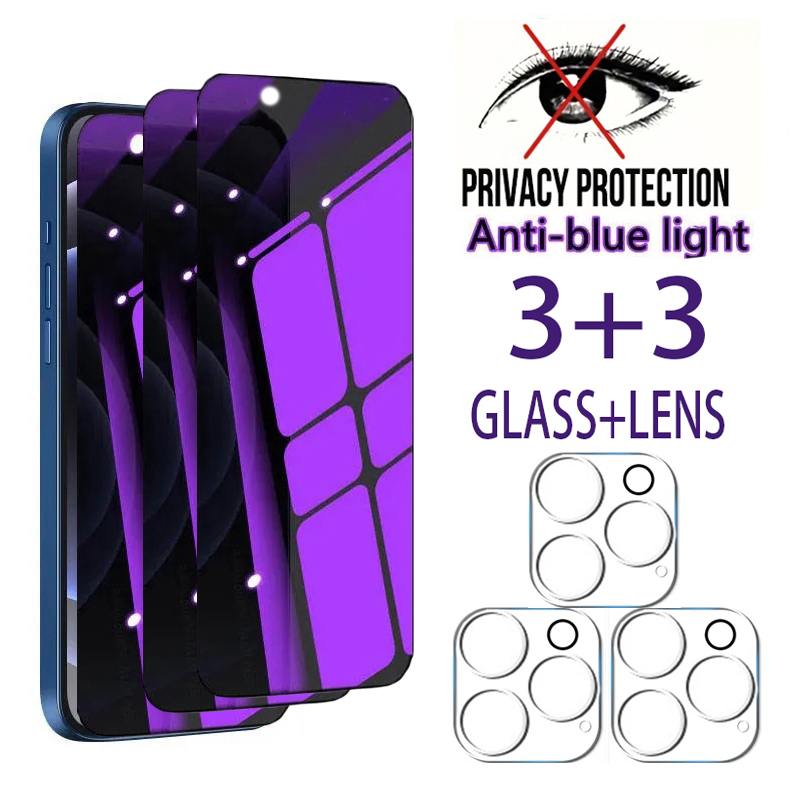 6in1 [3pcs Privacy Glass +3pcs Lens] Anti-Spy Blue Ray Screen Protector For iPhone 16 15 14 Plus 13 12 11 Pro Max Tempered Film