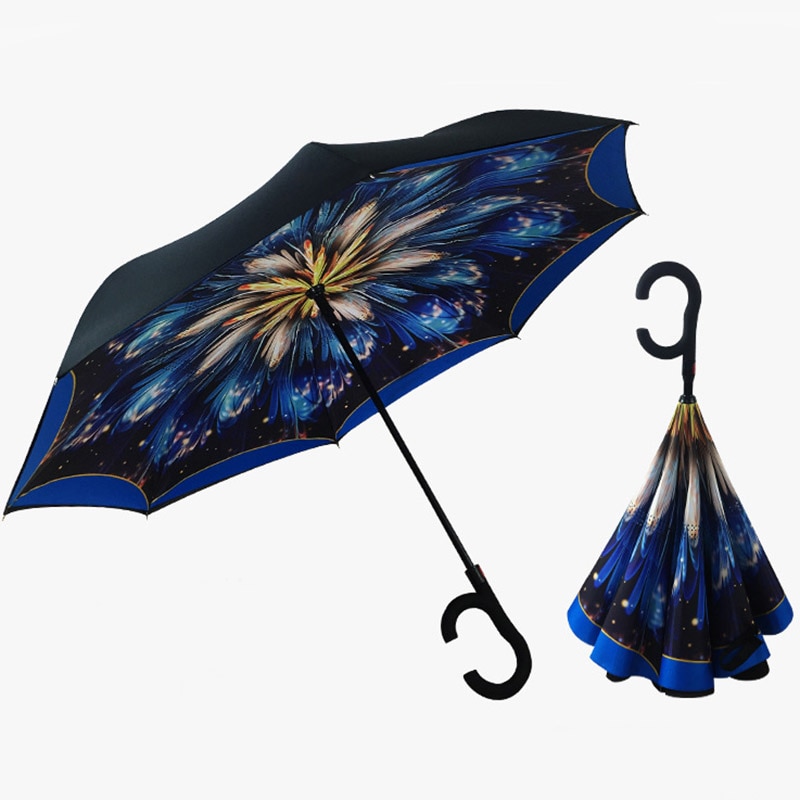 C Handvat Reverse Opvouwbare Paraplu Man Vrouwen Zon Regen Auto Semi-Automatische Paraplu Dubbele Laag Anti Uv Self Stand Parapluie