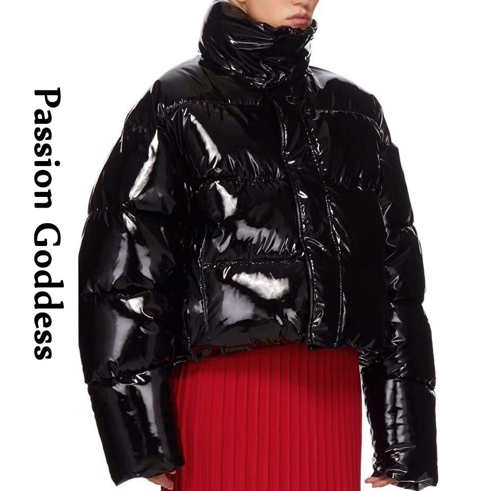 Vrouwen Winter Heldere Pu Puffer Jas Warme Dikke Bubble Jas Oversized Rits Glossy Lederen Down Parka Bovenkleding Leuke Roze Jas