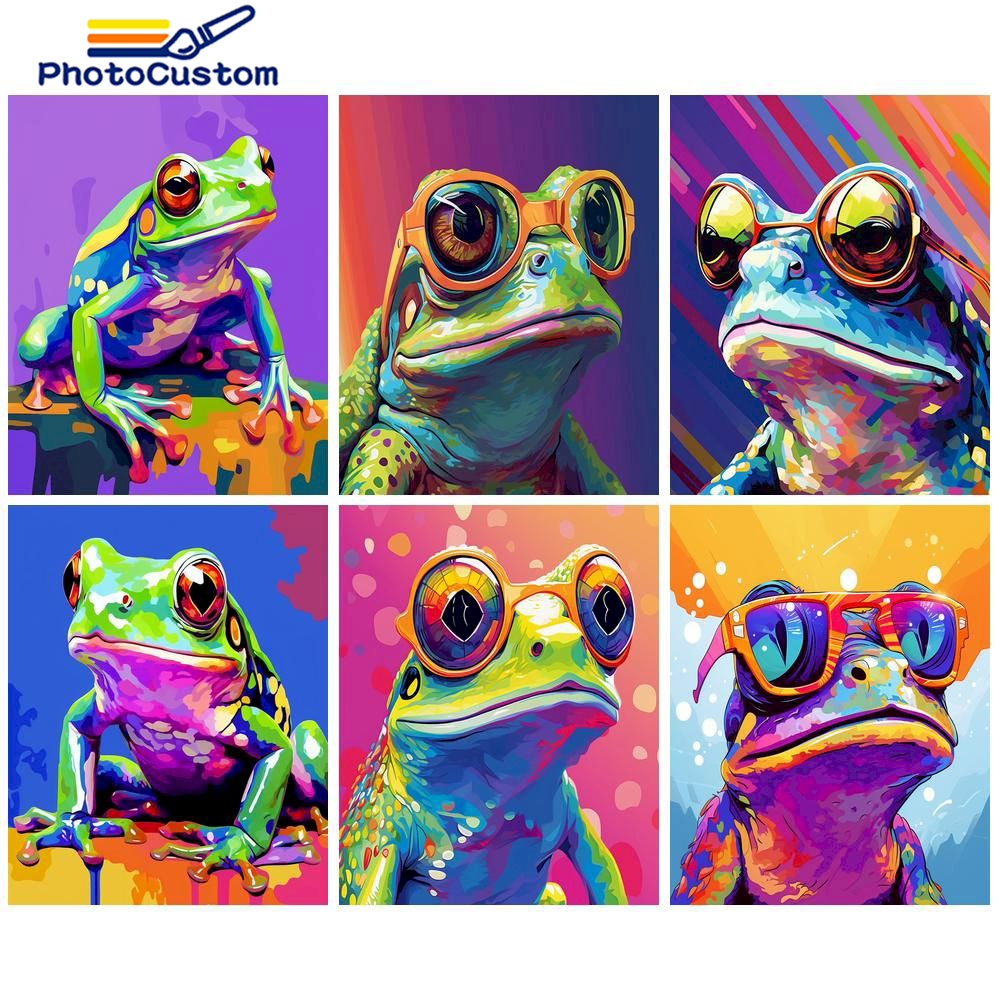 PhotoCustom Malen nach Zahlen, bunte Frosch-Zeichnung auf Leinwand, DIY-Bilder nach Zahlen, handgemaltes Gemälde, Ebene-einstellen, Heimdekoration