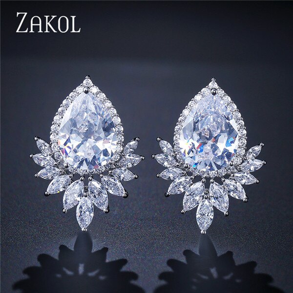 ZAKOL Romantico lacrima cubo Zirconia Bianco colore Orecchini con Perno del Foglio di Modo Da Cerimonia Nuziale Brincos Gioielli per Le Donne FSEP2009: Sliver colore