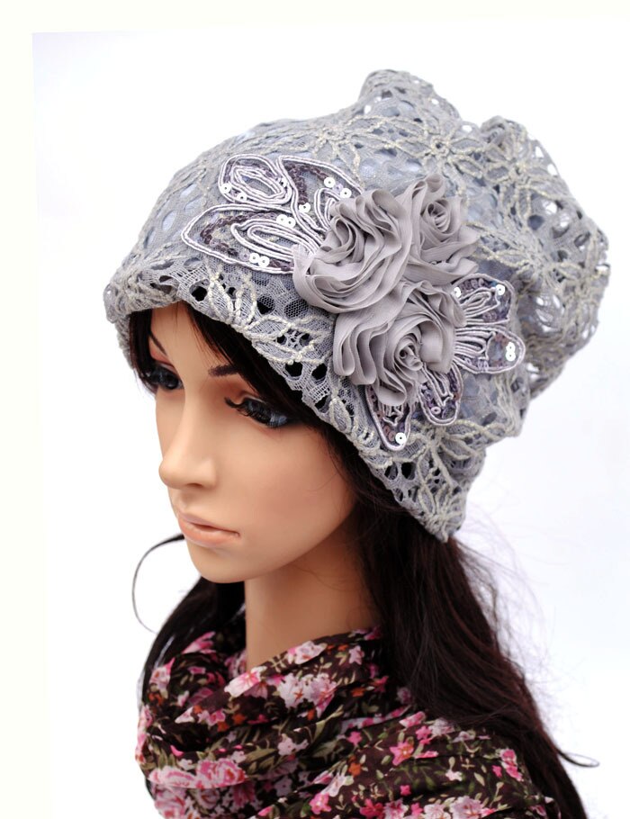 Bonnet femme Pilecap femme printemps et automne dentelle mince poche découpe maille chapeau mois de cap embout turban chapeau couvrant: Gris