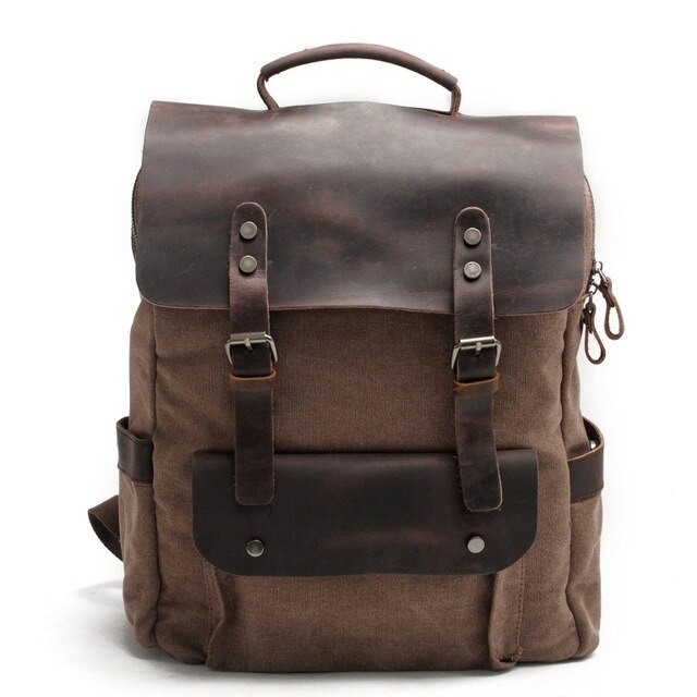 laptop men&#39;s backpack waxed canvas Backpack Vintage Canvas Backpack Leather School Bag Neutral Portable Wearproof Travel Bag: coffee