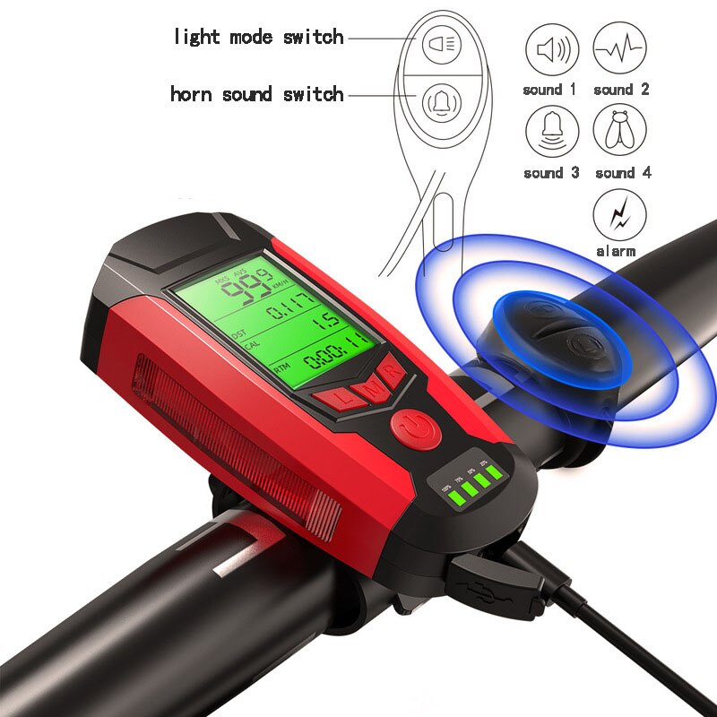 3 in 1 USB Fahrrad Taschenlampe 5 LED Fahrrad Computer/Horn Fahrrad Vorderseite Licht IPX4 Wasserdichte Scheinwerfer Kilometerzähler Fahrrad zubehör