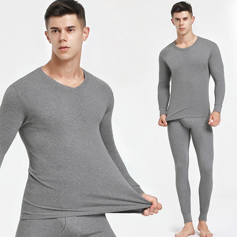 Autumn Winter Pure Cotton Thermal Underwear Men Basic Base Cotton Sweater Long Johns Suit Men Thermal Set Compression: Deep hemp grey / L