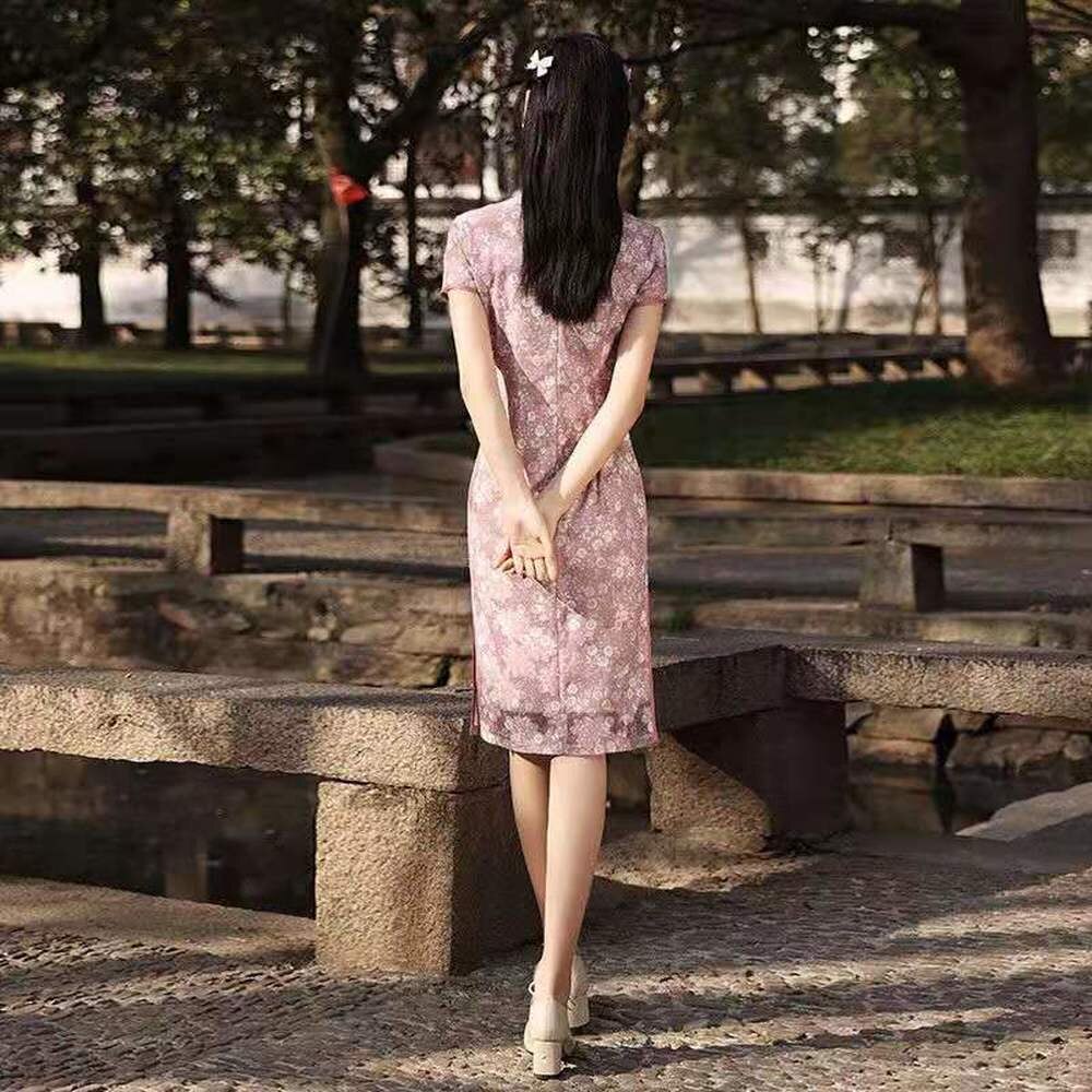 De talla grande 2XL Rosa dividida vestidos Cheongsam moderno largo mujer de seda de estilo chino Qipao vestido ropa tradicional