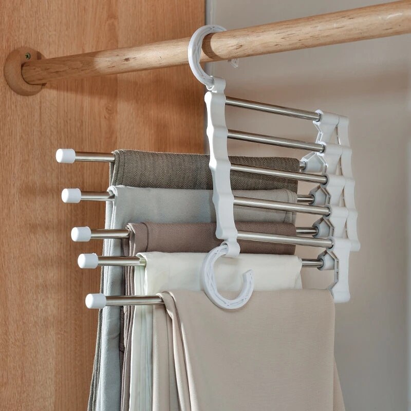 Multifunctionele Broek Rack Handdoek Planken Closet Organizer Rvs Garderobe Verstelbare Magic Broek Hangers 5 In 1