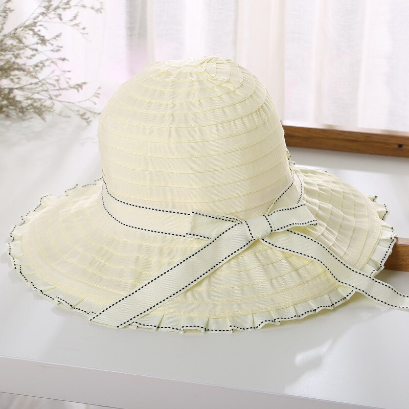 Women Hat Korea Style Bowknot Foldable Large Wide Brim Hats Anti-UV Adjustable Ladies Beach Sun Basin Caps: Beige