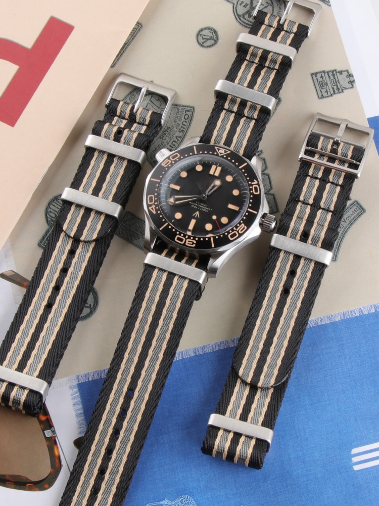 Lærredstribet nylon urbånd nato rem 20mm til omega 007 sea master nato "no time to die" armbånd pin buckletools