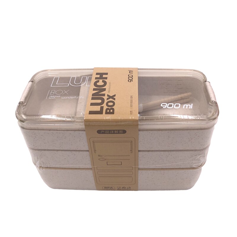 Gezond Materiaal Lunchbox 3 Layer Tarwe Stro Bento Dozen Magnetron Servies Voedsel Opslag Container Lunchbox 900Ml: White