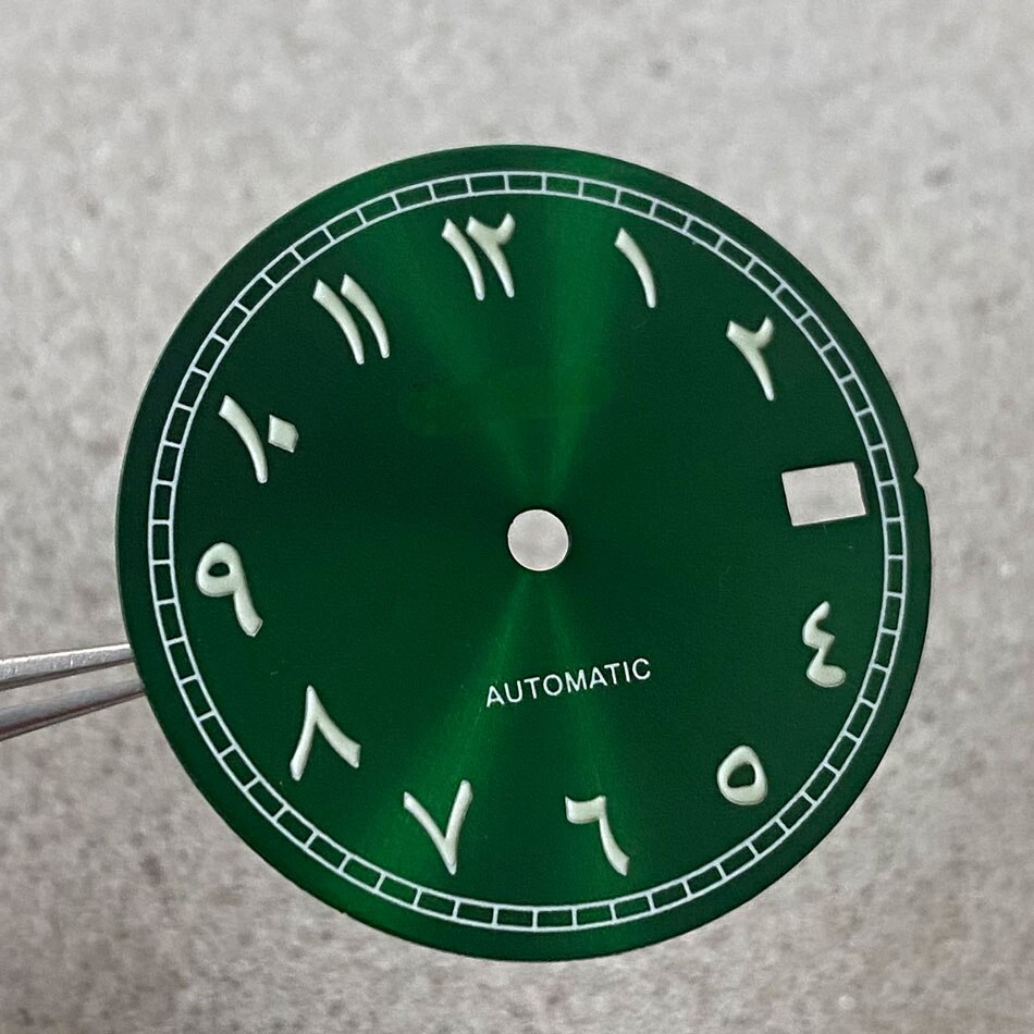 28.5mm Roman Alphabet Watch Dial Green Luminous Watch Retrofit Accessories Sun Pattern Watch Facse for NH35/NH36/4R/7S Movement: NO.6