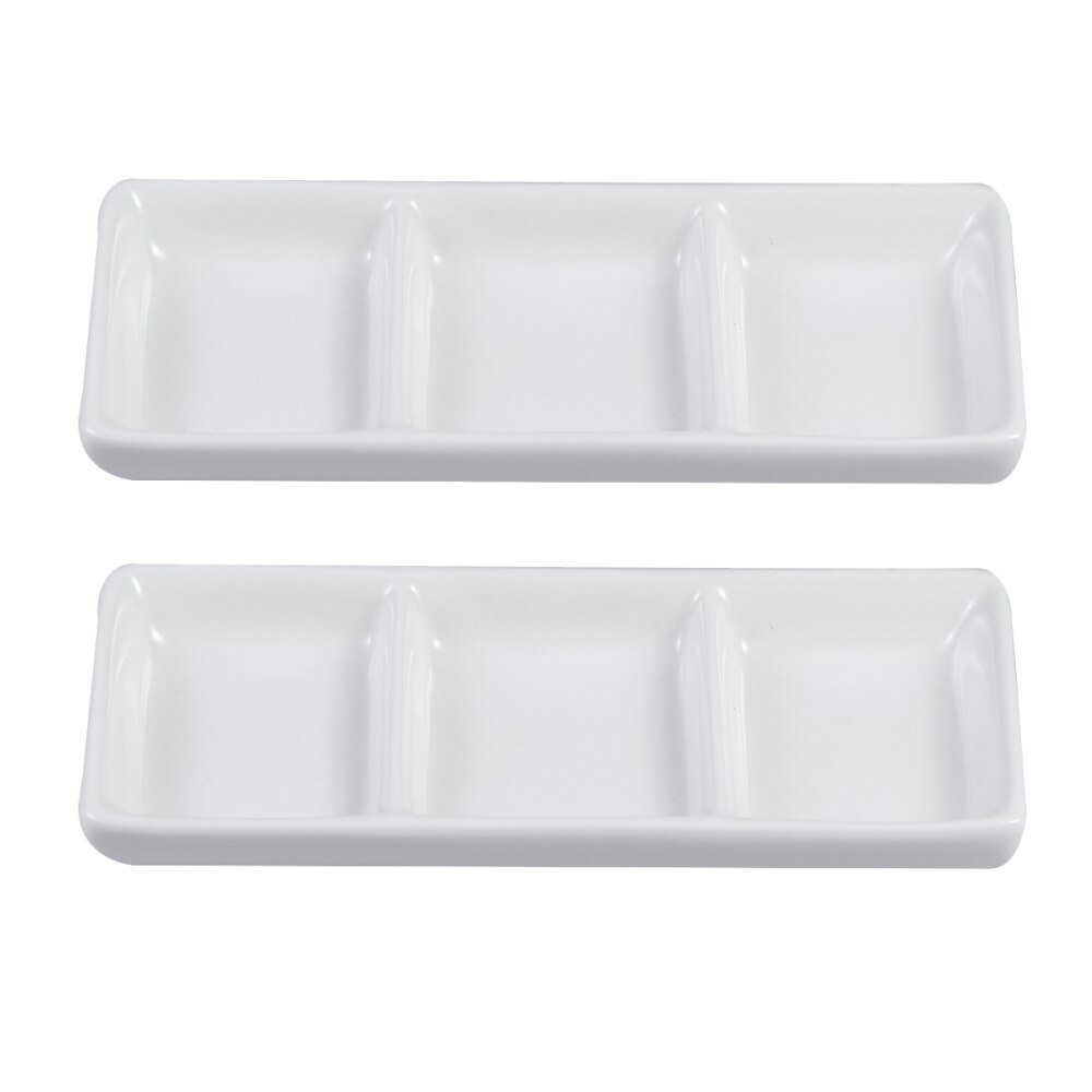 2PCS Ceramic Sauce Dishes Rectangular Sauce Fruit Dessert Plates Food Dipping Bowls Appetizer Plates (6inch, 3 Grids)
