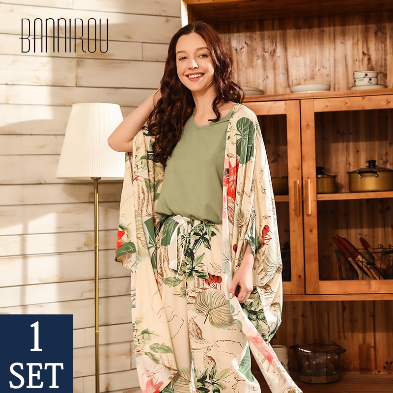 BANNIROU Autumn Women Pyjamas Sets Printed Pajamas Set Viscose Floral Spring Night Suits Home Wear Female Pajamas Sets 4 Pcs