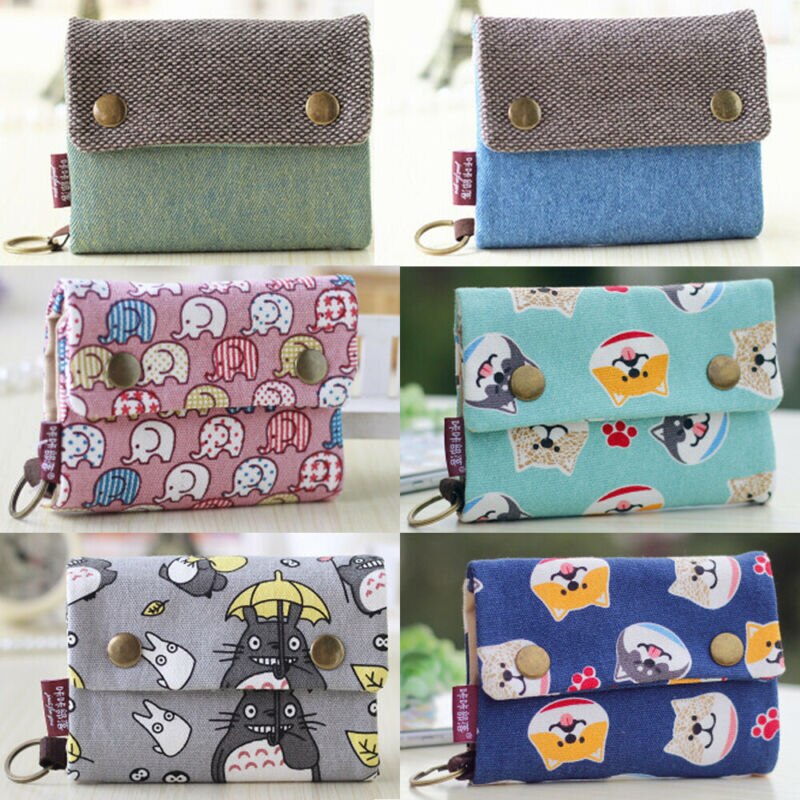 Cute Three Layer Folded Manual Canvas Wallet Bag With Multi Card Holder Multifunction Coin Purse