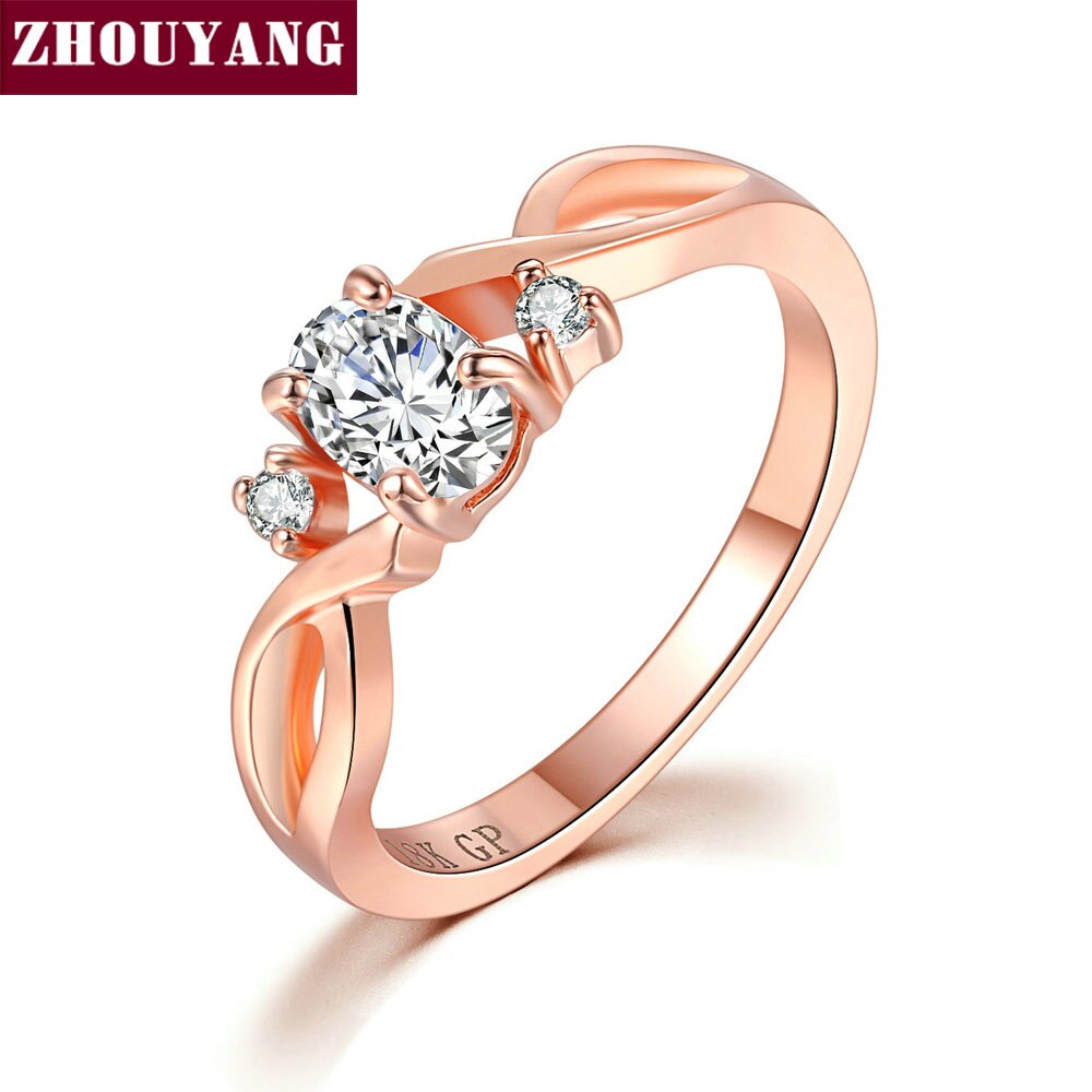 ZHOUYANG Wedding Rings For Women Simple Wavy Shape Four Claw Oval Cubic Zirconia Rose Gold Color Party Jewelry R785