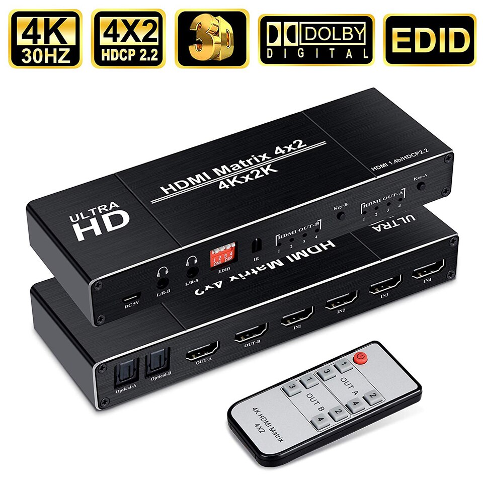 HDMI Matrix 4x2 4K @ 60Hz HDR Switch Splitter 4 in 2 out YUV 4：4：4 Optical SPDIF + 3.5mm jack Audio Extractor HDMI Switcher: 4K 30Hz HDMI Matrix / AU Power Plug