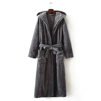 Winter Thickening Warm Flannel Hooded Bathrobe Men Dressing Gown Coral Fleece Bath Robe Male Sleepwear Nightgown Kimono Homme: grey / L