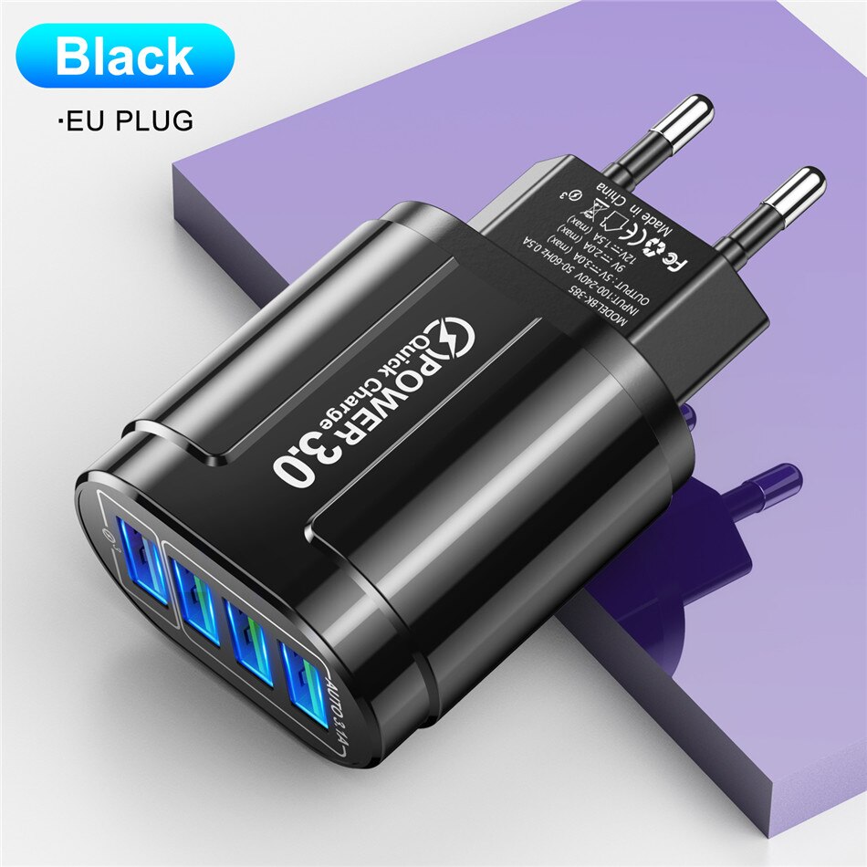 USLION 3A Schnelle Ladegerät Für iPhone 12 11 4 Port 48W Wand USB Ladegerät EU/UNS Stecker Adapter für Samsung huawei Handy Ladegerät: EU Plug Black