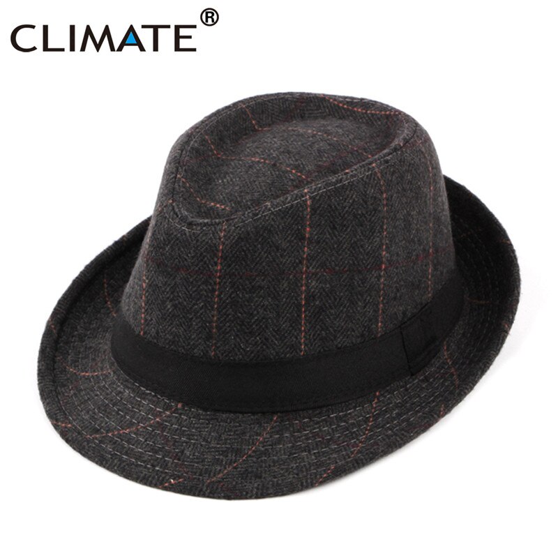 CLIMATE Men Jazz Hat Cap Fedora Plaid Formal Hats for Man Solid Winter Polyester Woolen Fedoras Cap Black Fedora Men Hat Cap: Black