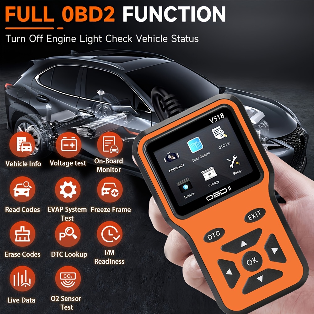 OBD2 Scanner V518- Instant Fault Code Reader and Voltage Check | OBDII/CAN Full System Diagnosis | 10 Second Fault Analysis: Yellow