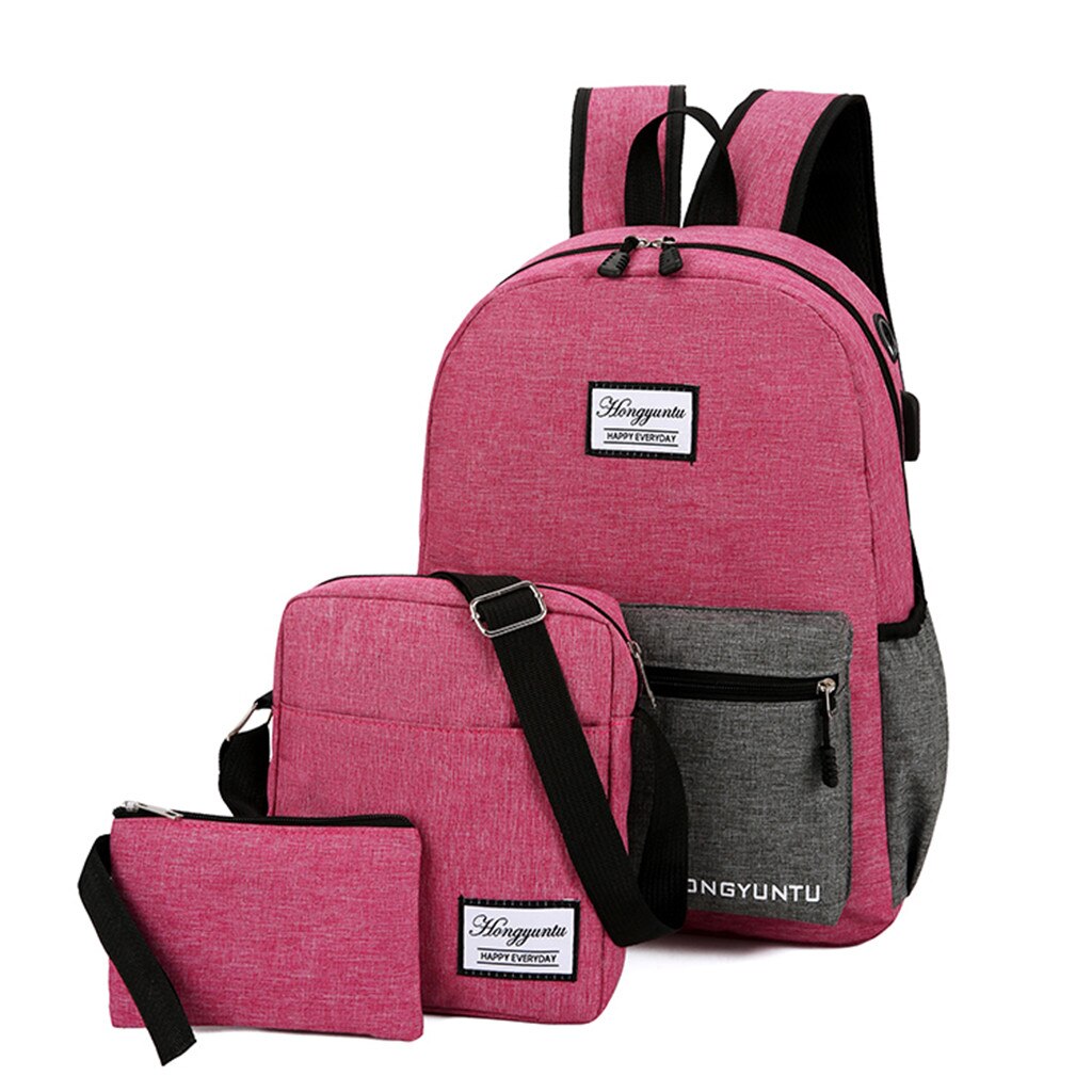 Ich bin Freien Drei-Stück Leinwand Einfarbig Rucksack Reisetasche Reißverschluss Große Kapazität Eimer Rucksack # T2: rosa