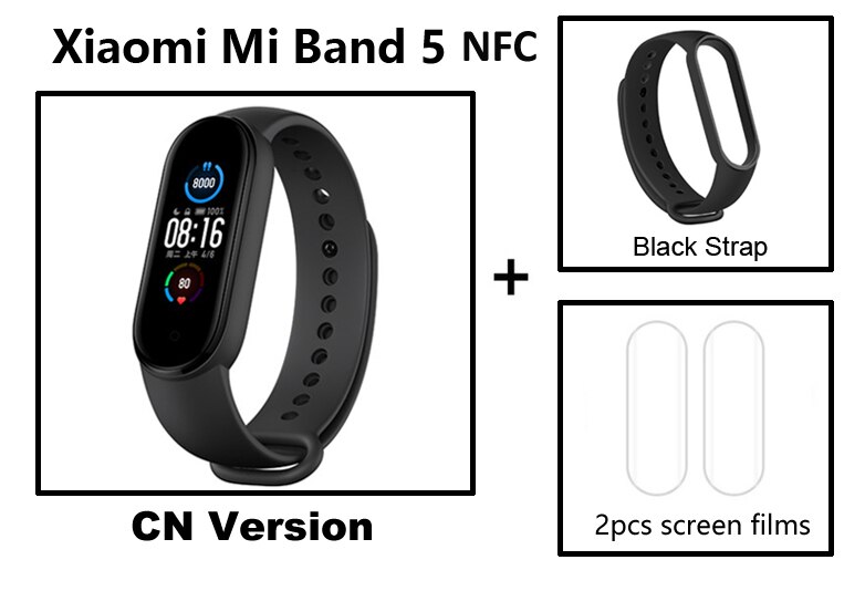 Xiaomi-pulsera inteligente Mi Band 5 Original, reloj con Pantalla AMOLED, control del ritmo cardíaco, Bluetooth, NFC: add Black strap film