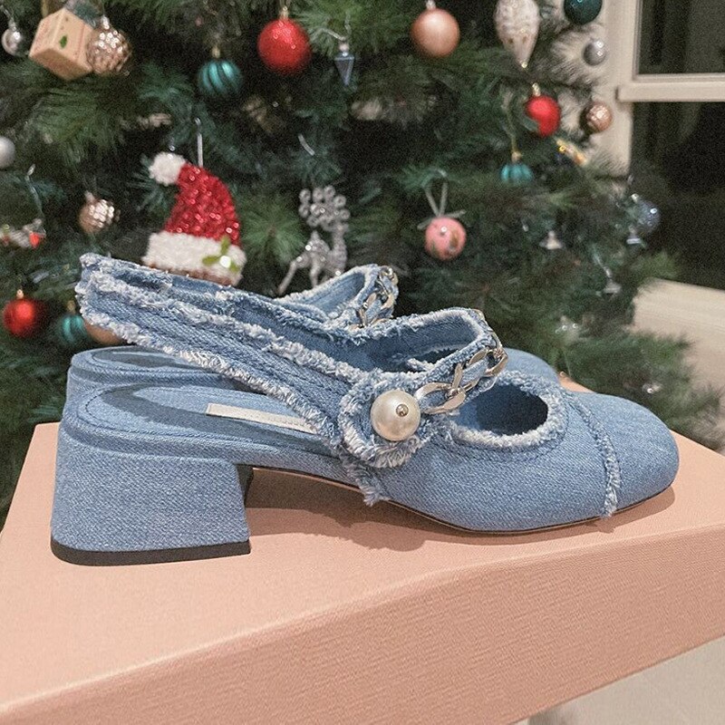 blue denim cloth sandals metal chains summer shoes woman square toe med-high heels jeans sandalias mujer 2022 mary janes shoes