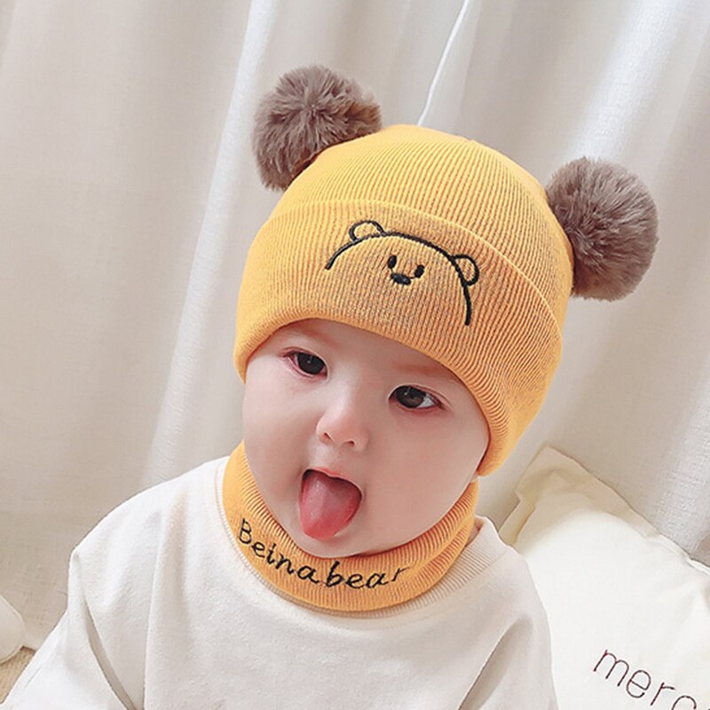 Baby winter warme mutsen 2 stuks peutermuts + twitter pompon kindermuts muts enfant gebreide schattige muts voor meisjes jongens 0-24 maanden: Gele set