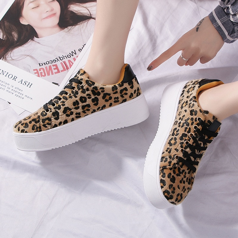 Women Shoes Leopard Trainers Platform Sneakers Mid Heel Round Toe Thick Sole Shoes Lace Up Spring Summer Ladies Sneakers