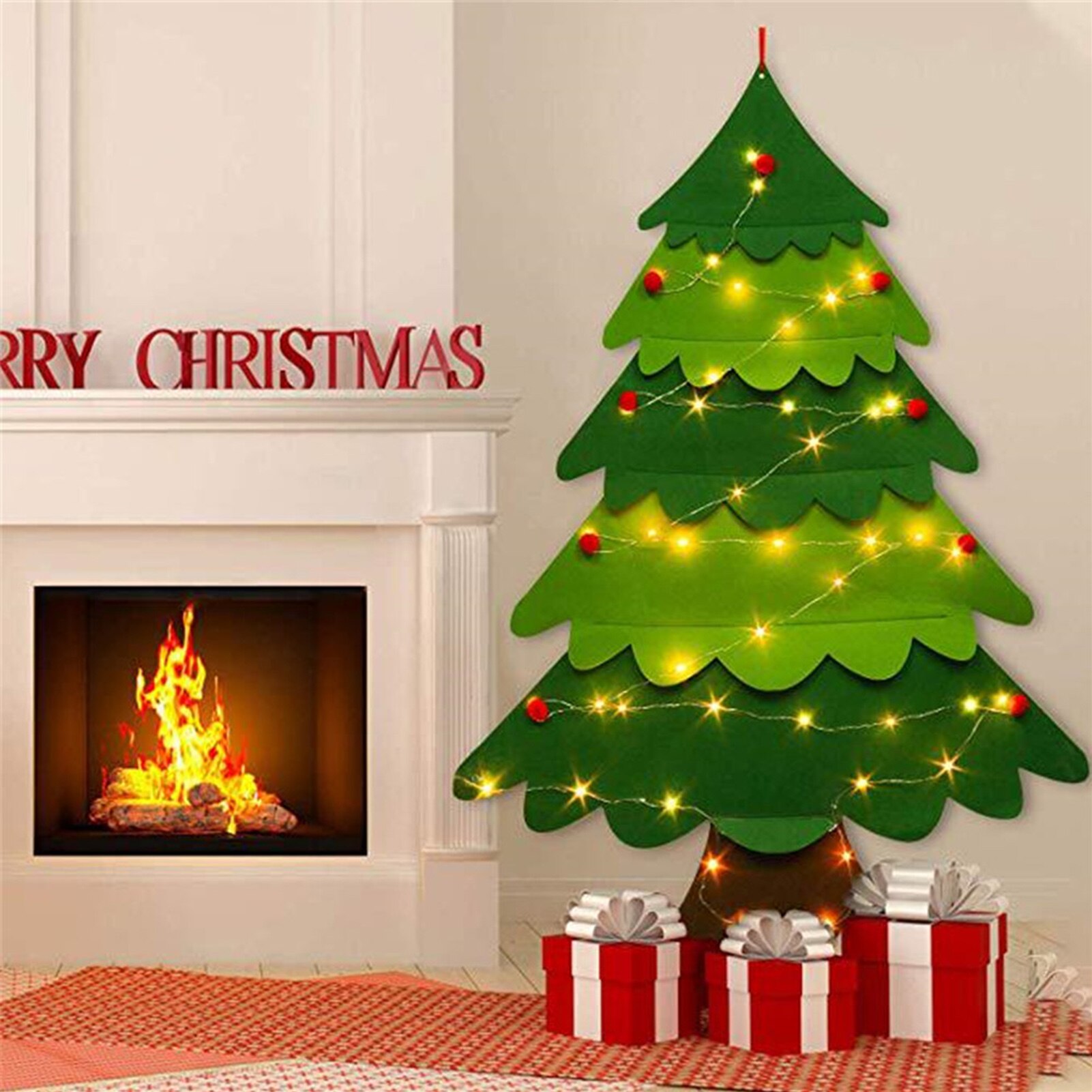 Voelde Kerstboom Diy Zachte Kerstboom Met Ornamenten En String Licht Christma Decoraties Kerstman Kerstboom
