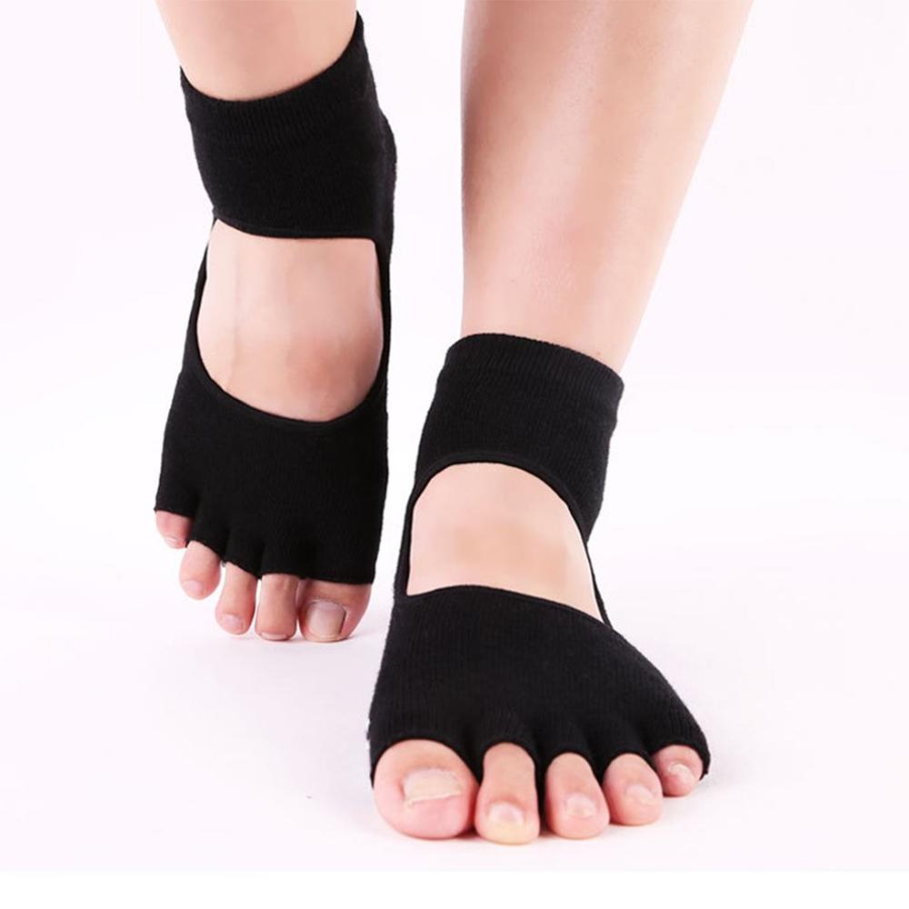 Finger tå separate sokker kvinde silikone skridsikre tå sokker bomuld pilates yoga sømløse sokker: Sort