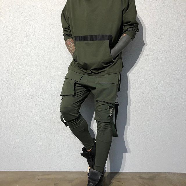 Fitness vår och höst sport casual hiphop byxor fram och bak tredimensionella herrbyxor med flera fickor