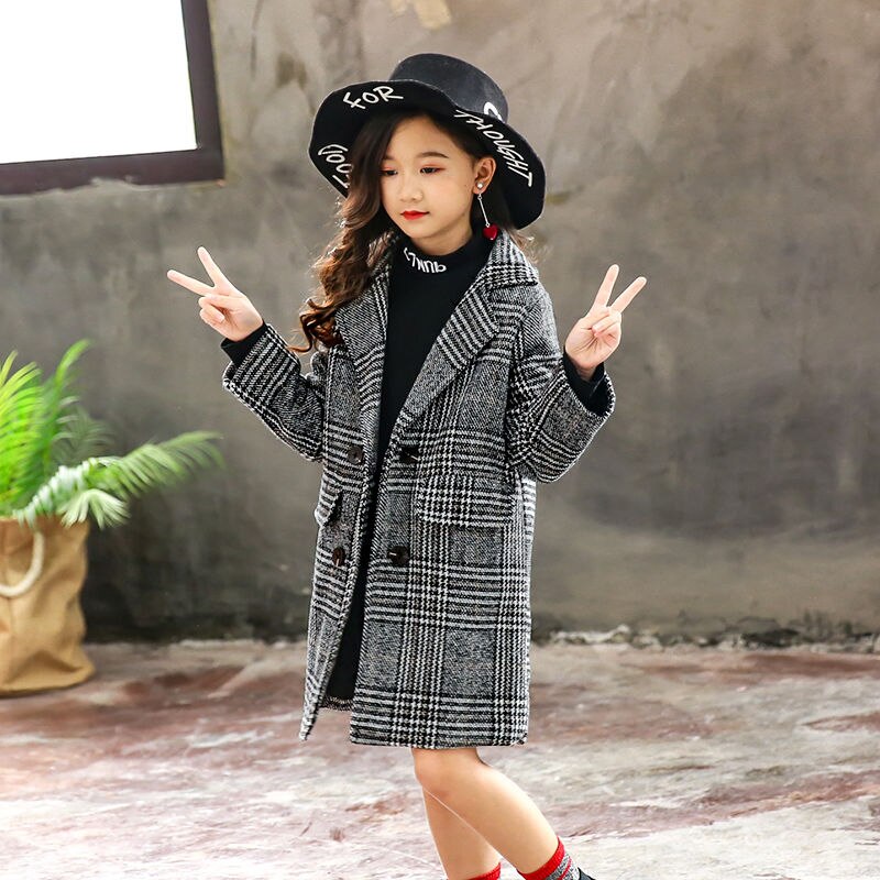 Ins calda delle ragazze cappotto Di Lana 5-13 anni di età di modo Coreano esterno del rivestimento delle ragazze di primavera e autunno lungo di lana cappotto ispessimento trincea