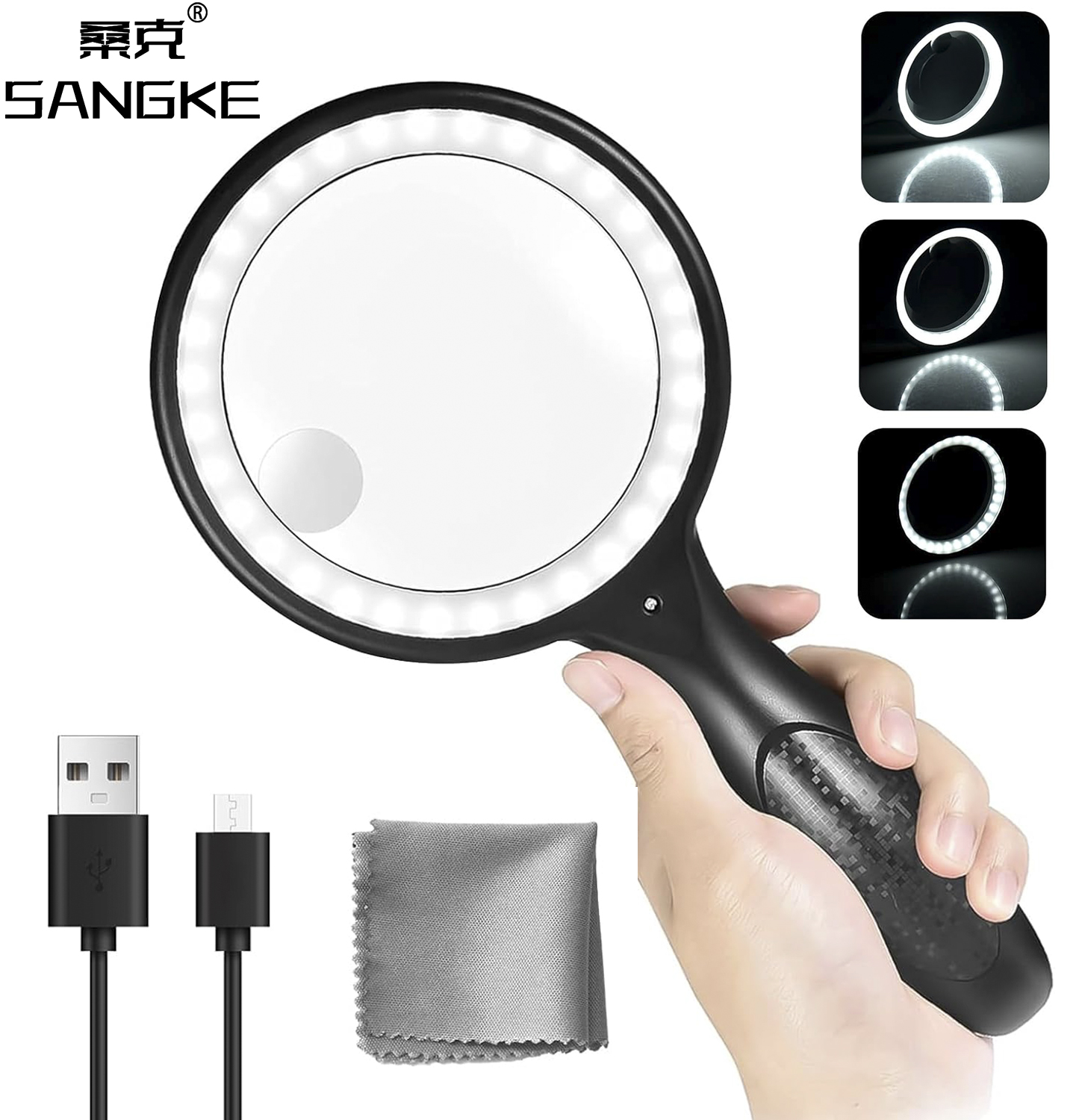 Large Magnifying Glass with Light, 60X 30X Handheld Rechargeable Illuminated Vision Aid Magnifier for Seniors Reading